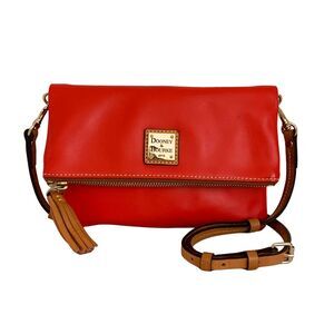 Dooney & Bourke Red Leather Crossbody Fold-Over Clutch Purse Tassel Strap